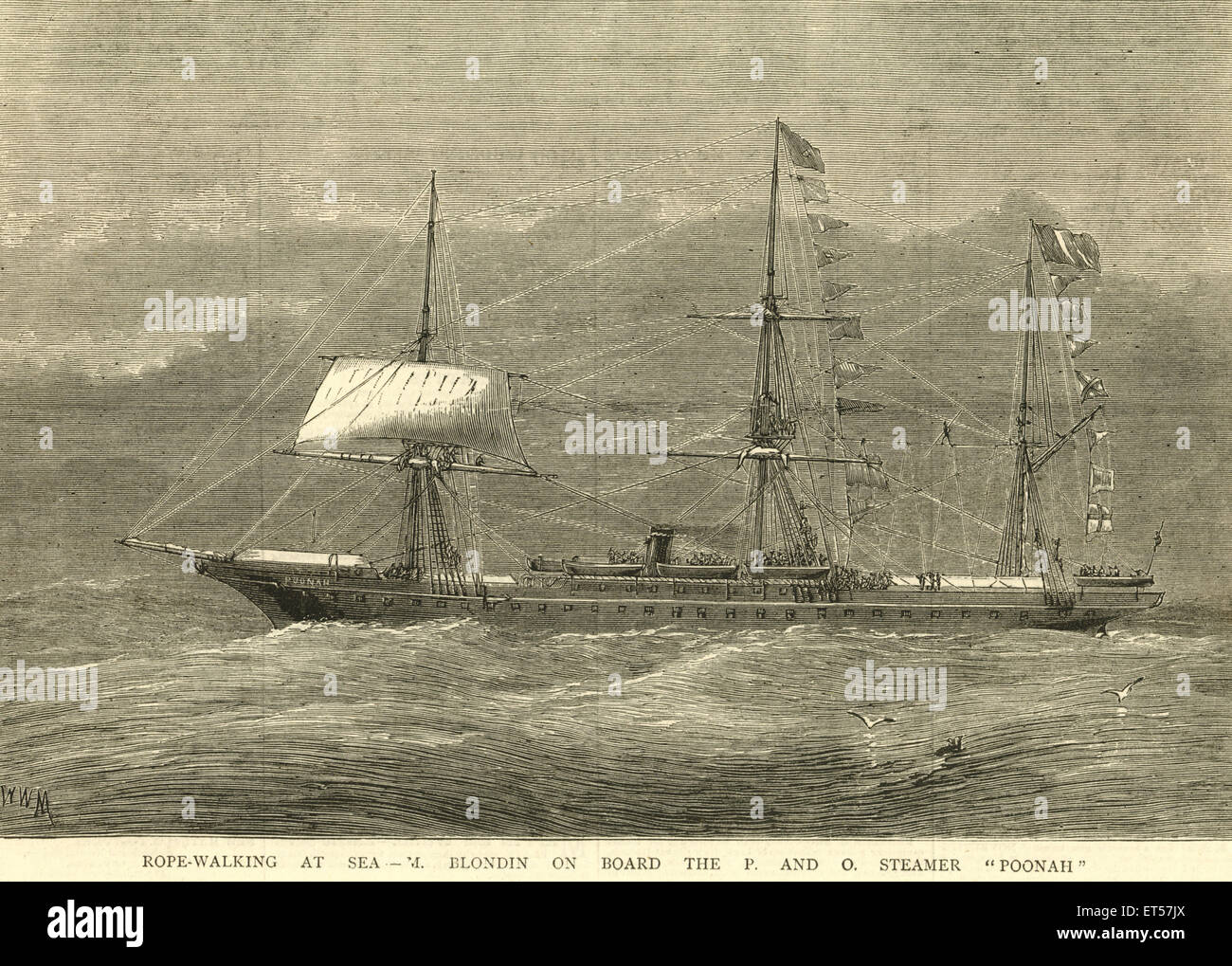 Ropewalking auf hoher See; M. Blondin an Bord des Dampfers P und O; Indien Stockfoto