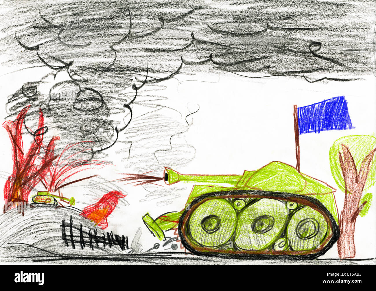 Tank Krieg Kampf. Kind zeichnen. Stockfoto