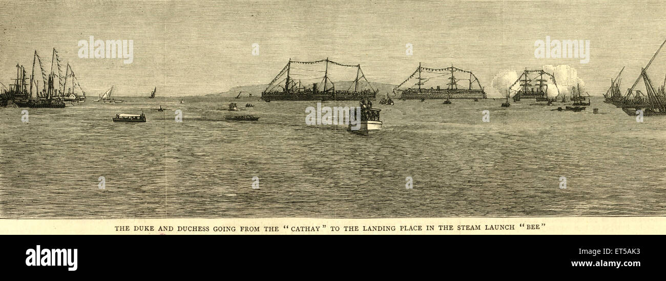 Lithographien der Herzog und die Herzogin gehen von Cathay zum Landeplatz in DAMPFFLUGBIENENGRAFIK 22. Dezember 1883 ; Indien ; alter Vintage 1800er Stich Stockfoto