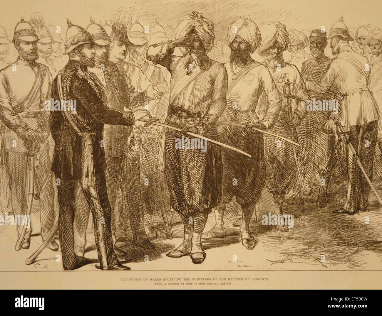 Königliche Tour, Royalty on Tour, Prince of Wales, Treffen mit Überlebenden der Verteidigung von Lucknow; Uttar Pradesh; Indien; alte Vintage-Gravur aus dem 19. Jahrhundert Stockfoto