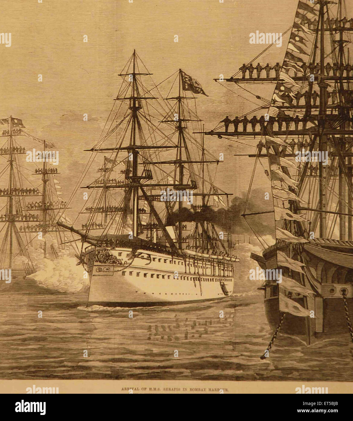 Lithographien Ankunft der HMS Sehapis im Hafen von Bombay Mumbai; Maharashtra; Indien Stockfoto