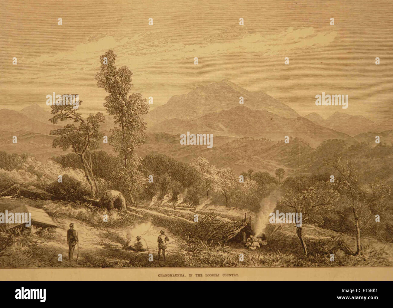 Stammesdorf; Lushai Hills; Patkai Range; Phawngpui; Blue Mountain; Mizoram; Manipur; Indien; alte Vintage-Gravur aus dem 19. Jahrhundert Stockfoto