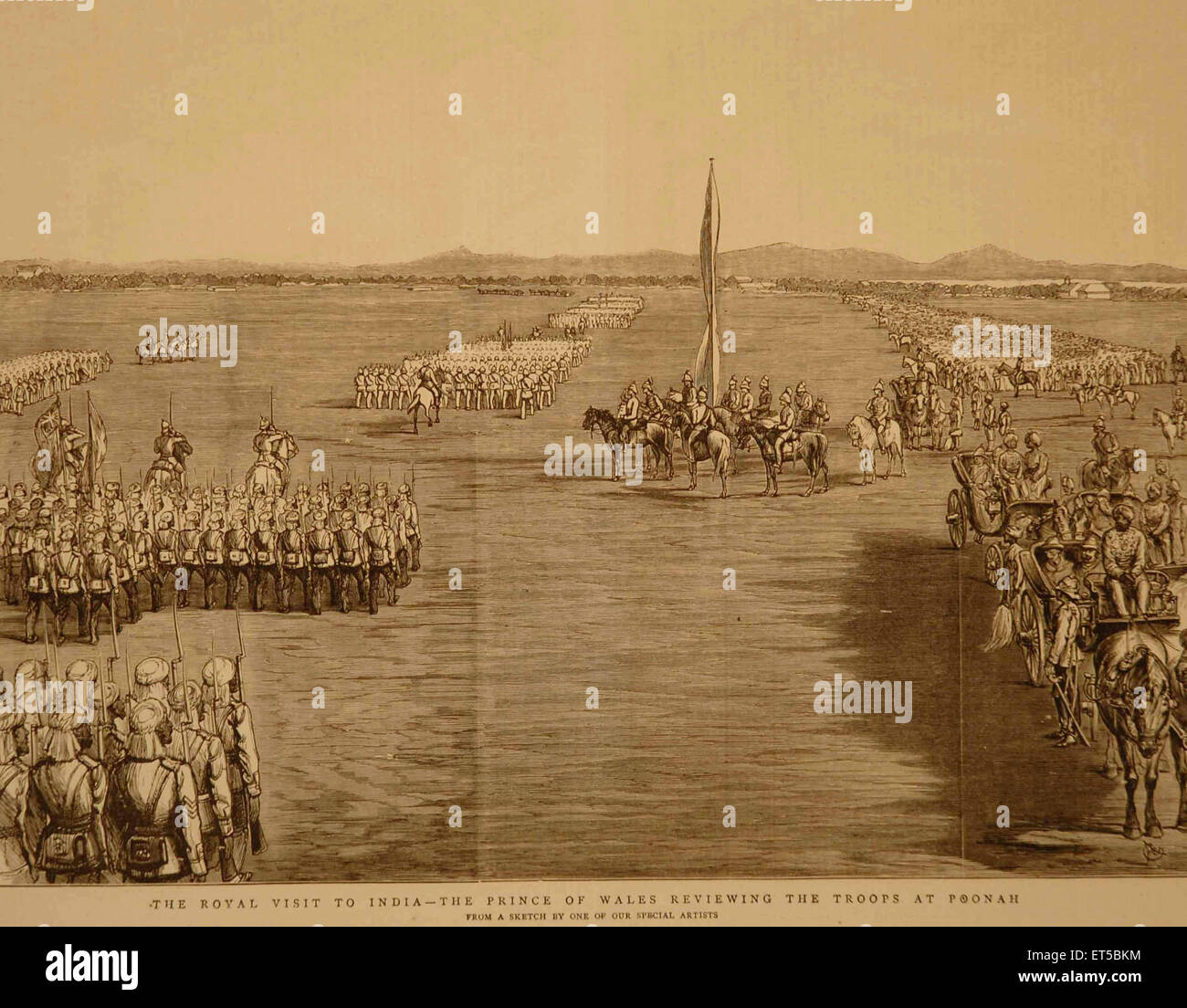 Lithographien der königlichen Besuch in Indien der Prince Of Wales Truppen bei Poonah überprüfen; Pune; Maharashtra; Indien Stockfoto
