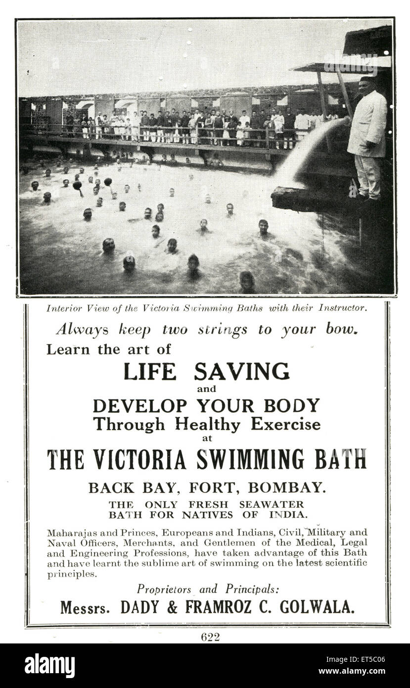 Alte Werbung; Victoria Swimming Bath; Back Bay; Fort; Bombay; Mumbai; Maharashtra; Indien; altes Plakat aus dem 19. Jahrhundert Stockfoto