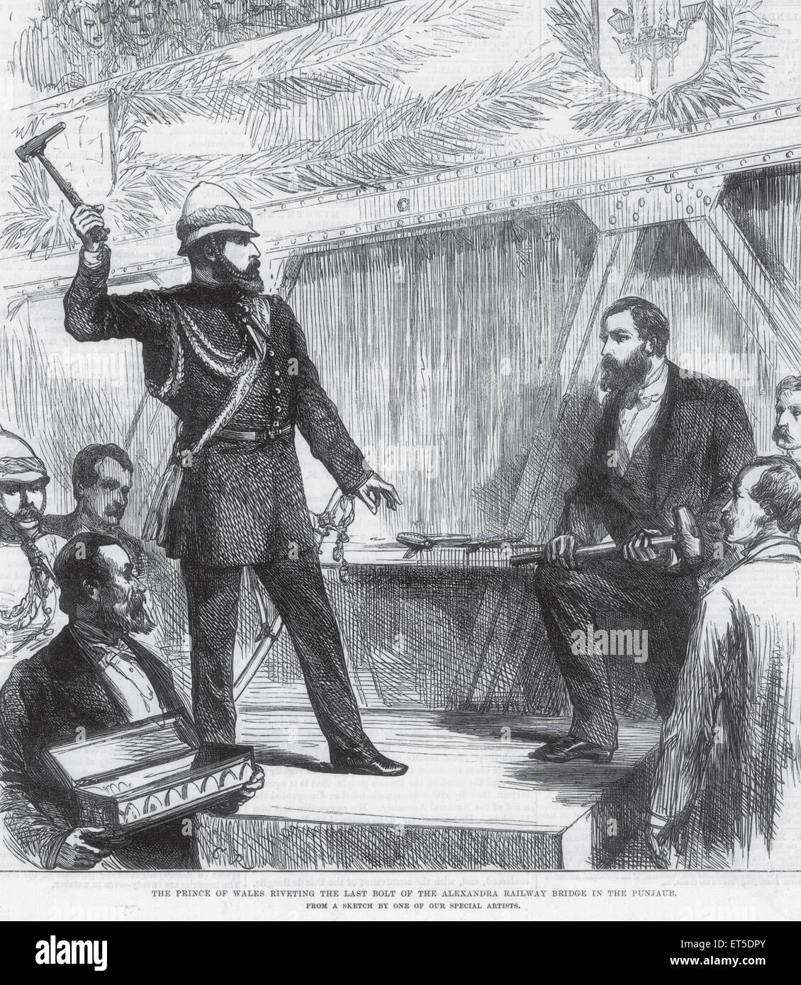 Lizenzgebühren auf Tour Prince Of Wales Nieten letzten Schraube der Alexandra-Eisenbahnbrücke in Punjaub; Punjab; Indien Stockfoto