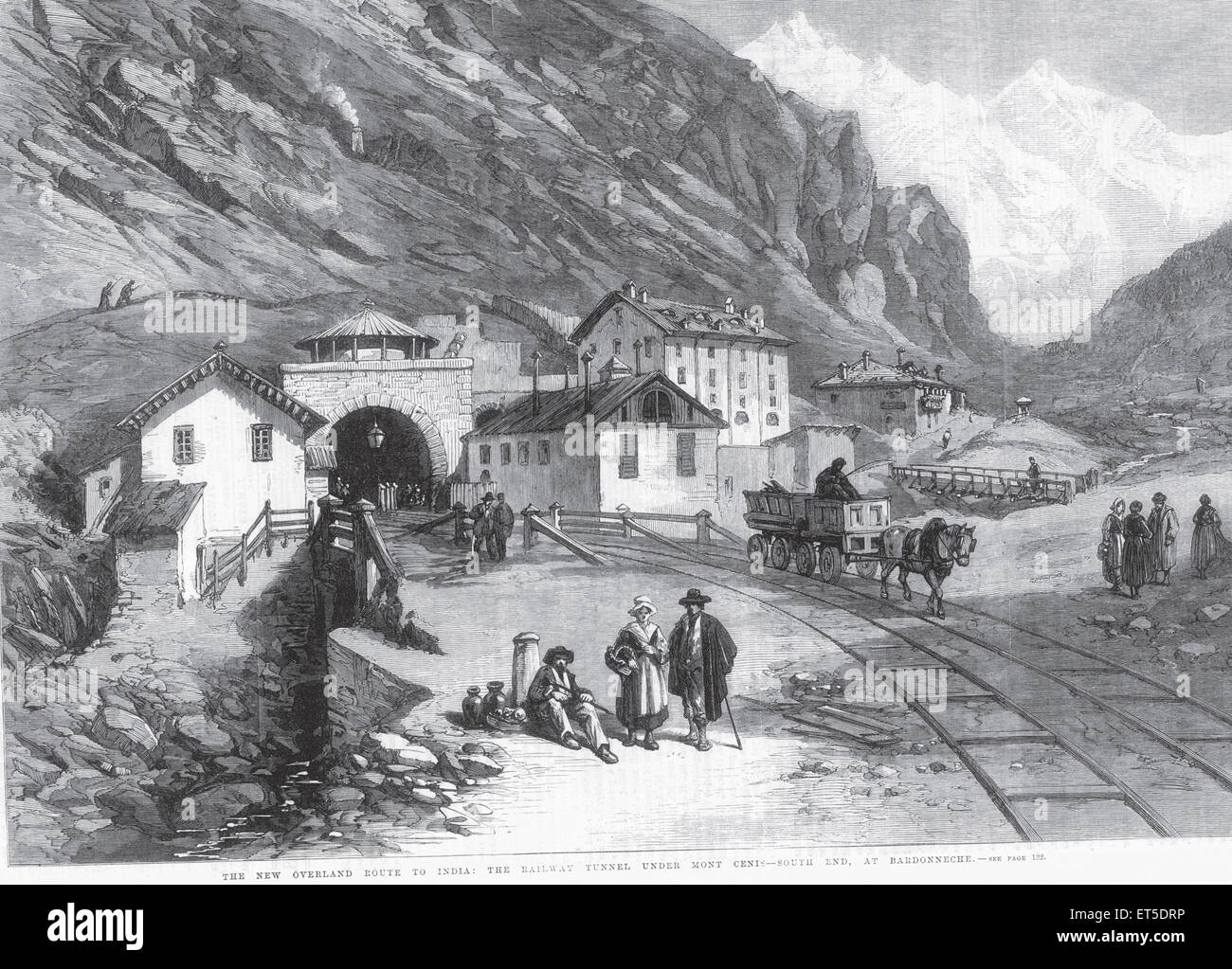 Reisen und transport der neuen Landweg zu Indien Eisenbahntunnel unter mont Cenis Südende am Bardonneche; Indien Stockfoto