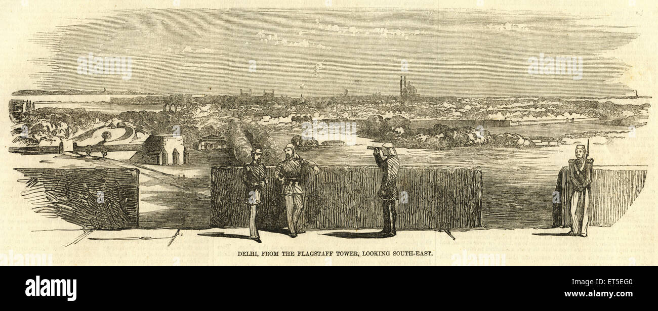 Militär und Gemeinschaft Meuterei Ansichten Delhi von Flagstaff Turm nach Süd-Ost; Indien Stockfoto