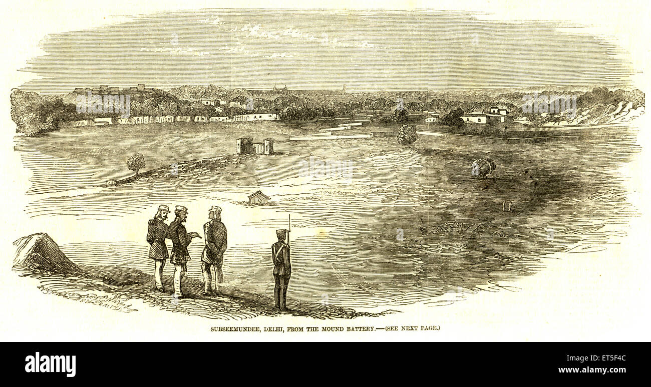 Soldaten, mit Blick auf Delhi von Mound Battery, Indien, indische Rebellion, Mutiny Views, Sepoy Mutiny, Vintage 1800er-Bild Stockfoto
