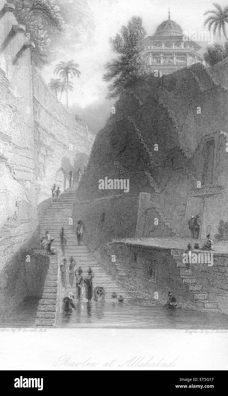 Steppbrunnen, Baolee, kalyani, pushkarani, baoli, Allahabad, Uttar Pradesh, Indien, Asien, Asien, Indischer, alter Vintage-Stahlstich aus dem 19. Jahrhundert Stockfoto