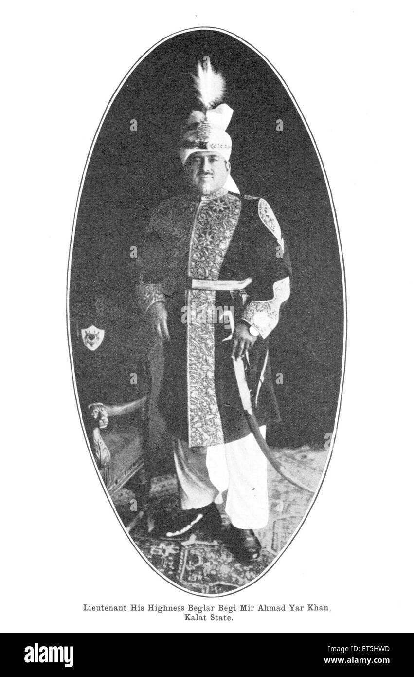 Fürsten von Indien; Leutnant seine Hoheit Beglar geplanten Mir Ahmad Yar Khan; Kalat Zustand; Belutschistan; Pakistan keine Herr Stockfoto
