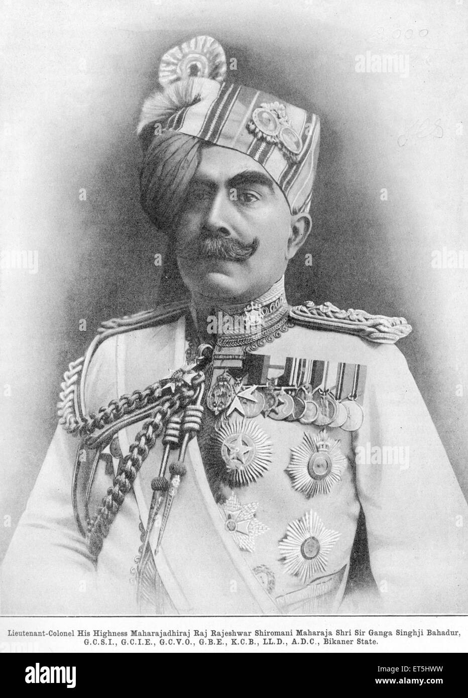 Fürsten Oberstleutnant seine Hoheit Maharajadhiraj Raj Rajeshwar Shiromani Maharadscha Shri Sir Ganga Singhji Bahadur; Bikaner Stockfoto