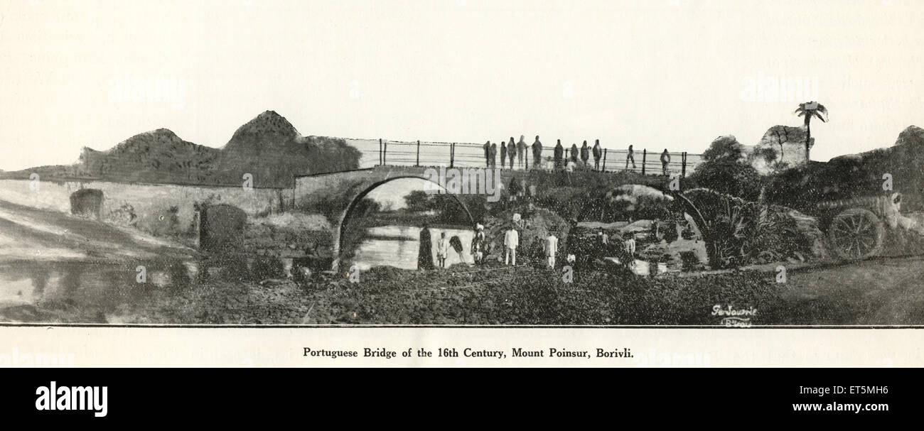 Portugiesische Brücke; 16. Jahrhundert; Mount Poinsur; Borivli; Borivali; Bombay; Mumbai; Maharashtra; Indien; Asien; Asiatisch; indisch; Jahrgang 1900er Stockfoto