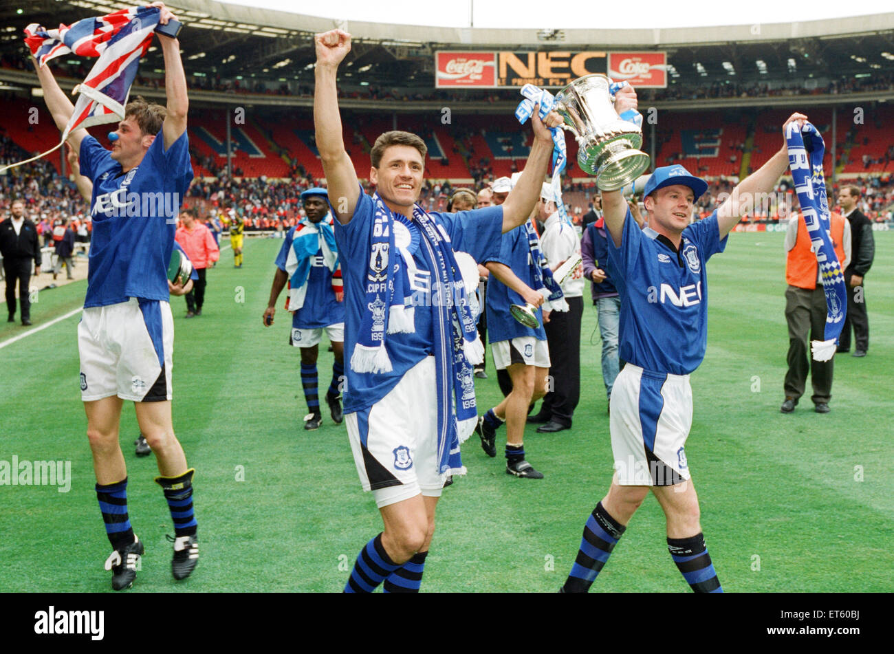 FA-Cup-Finale, Everton gegen Manchester United. Everton gewann das Spiel 1: 0 durch ein Kopfballtor von Paul Rideout, nachdem Graham Stuart Schuss aus der Querlatte prallte. Wembley-Stadion, 20. Mai 1995. Stockfoto