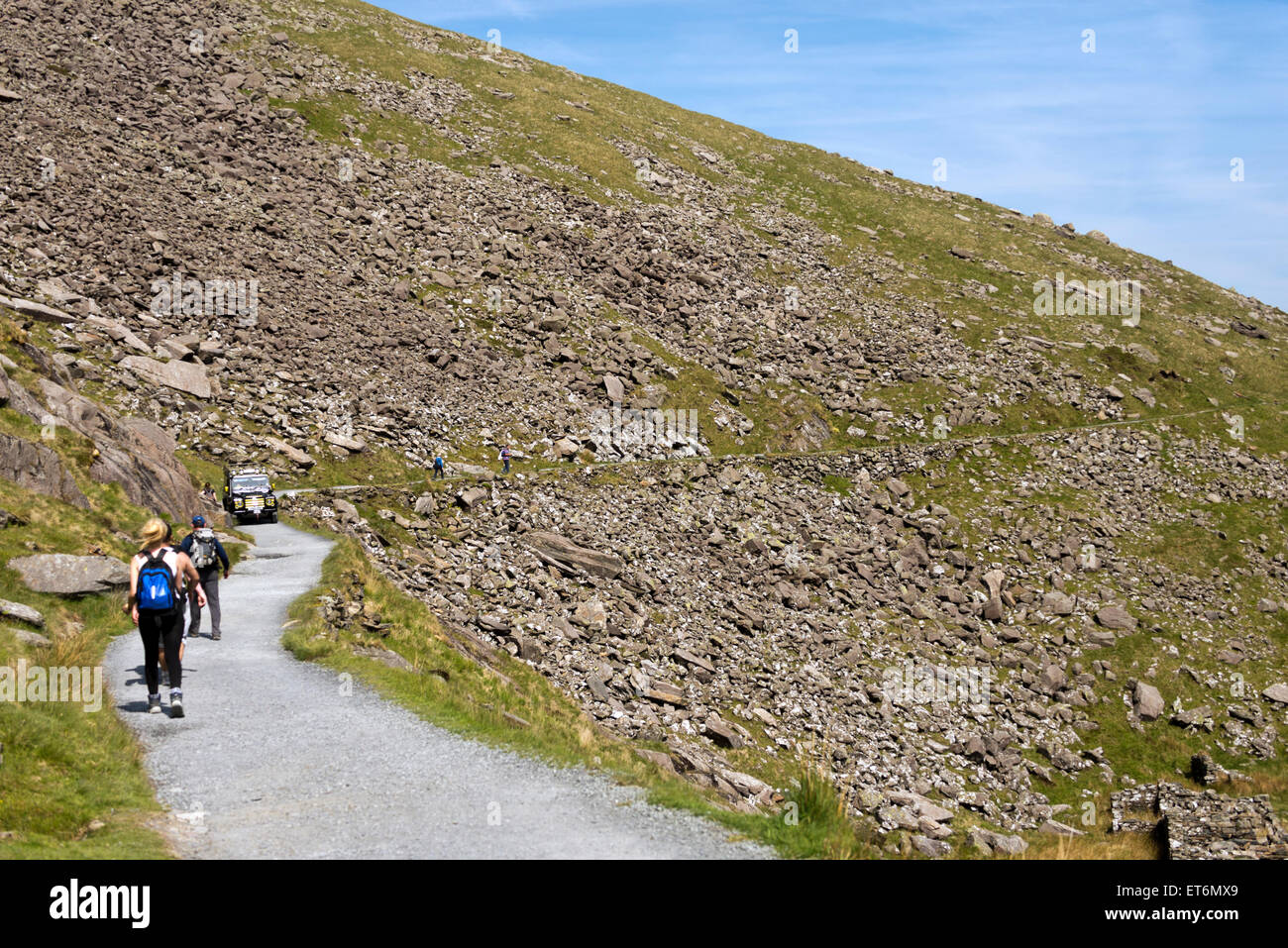 Llanberis Pass Snowdonia North Wales Uk. National Trust Landschaft Minen Gebäude verfallen Bergleute verfolgen Stockfoto