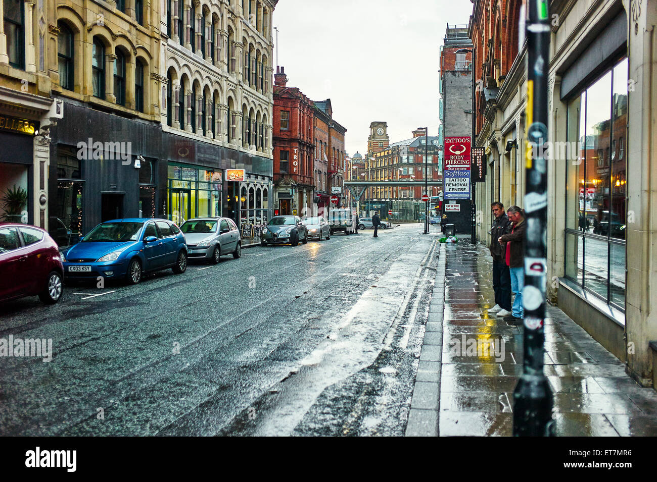 Manchester Northern Quarter Straße nach Regen Stockfoto