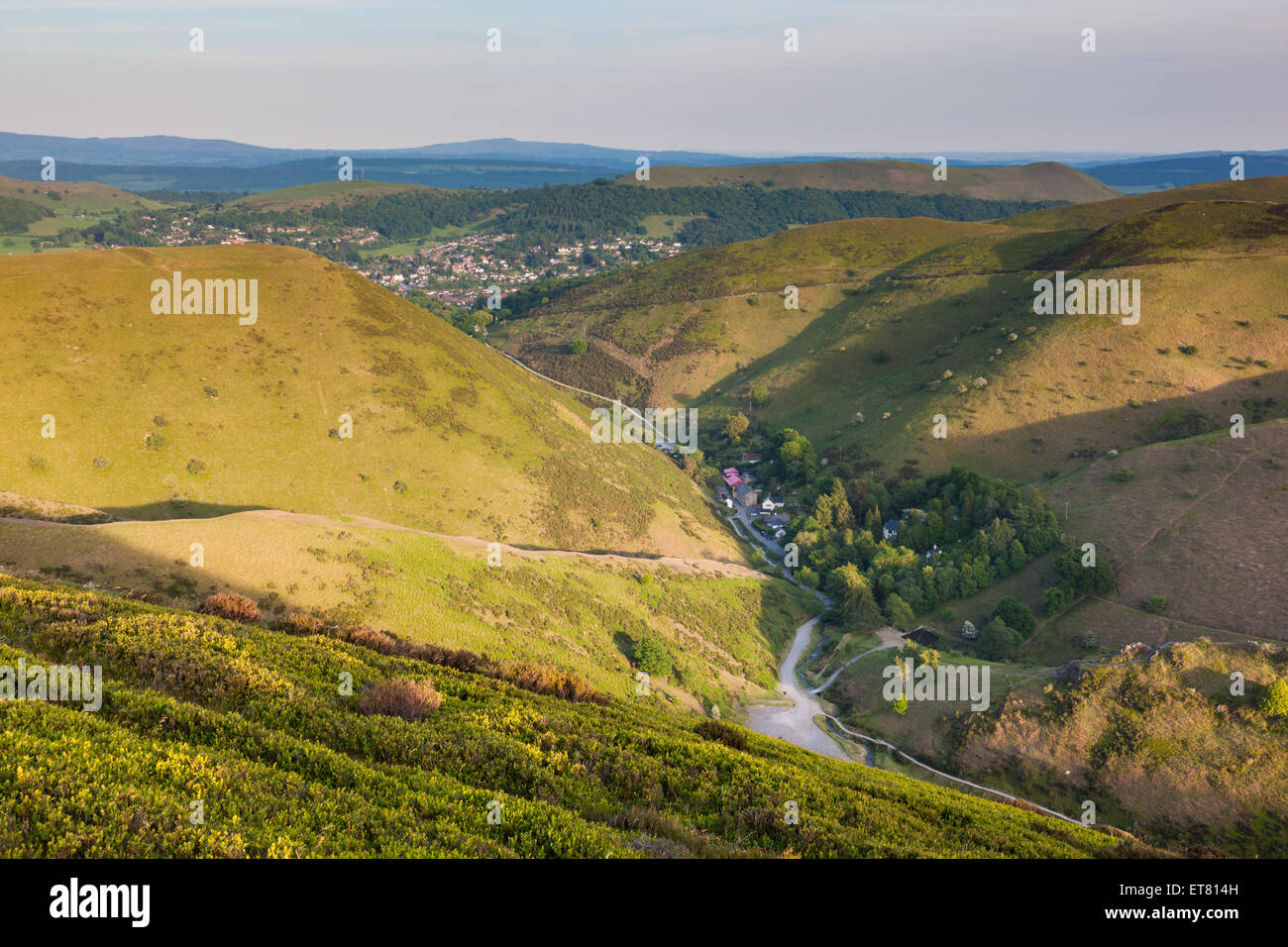 Blick hinunter ins Carding Mill Valley von Haddon Hill auf der Long Mynd, in der Nähe von Kirche Stretton, Shropshire, England, UK Stockfoto