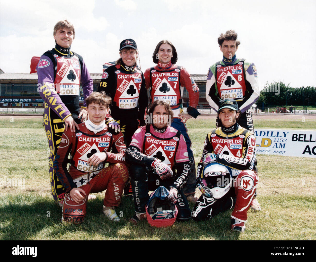 Belle Vue Asse Speedway Team. Hintere Reihe, von links nach rechts, Frede Schott, Jason Lyons, Max Schofield, Louis Carr. Vordere Reihe, von links nach rechts, Niklas Klingberg, Peter Carr, Chris Manchester. Ca. 1995. Stockfoto