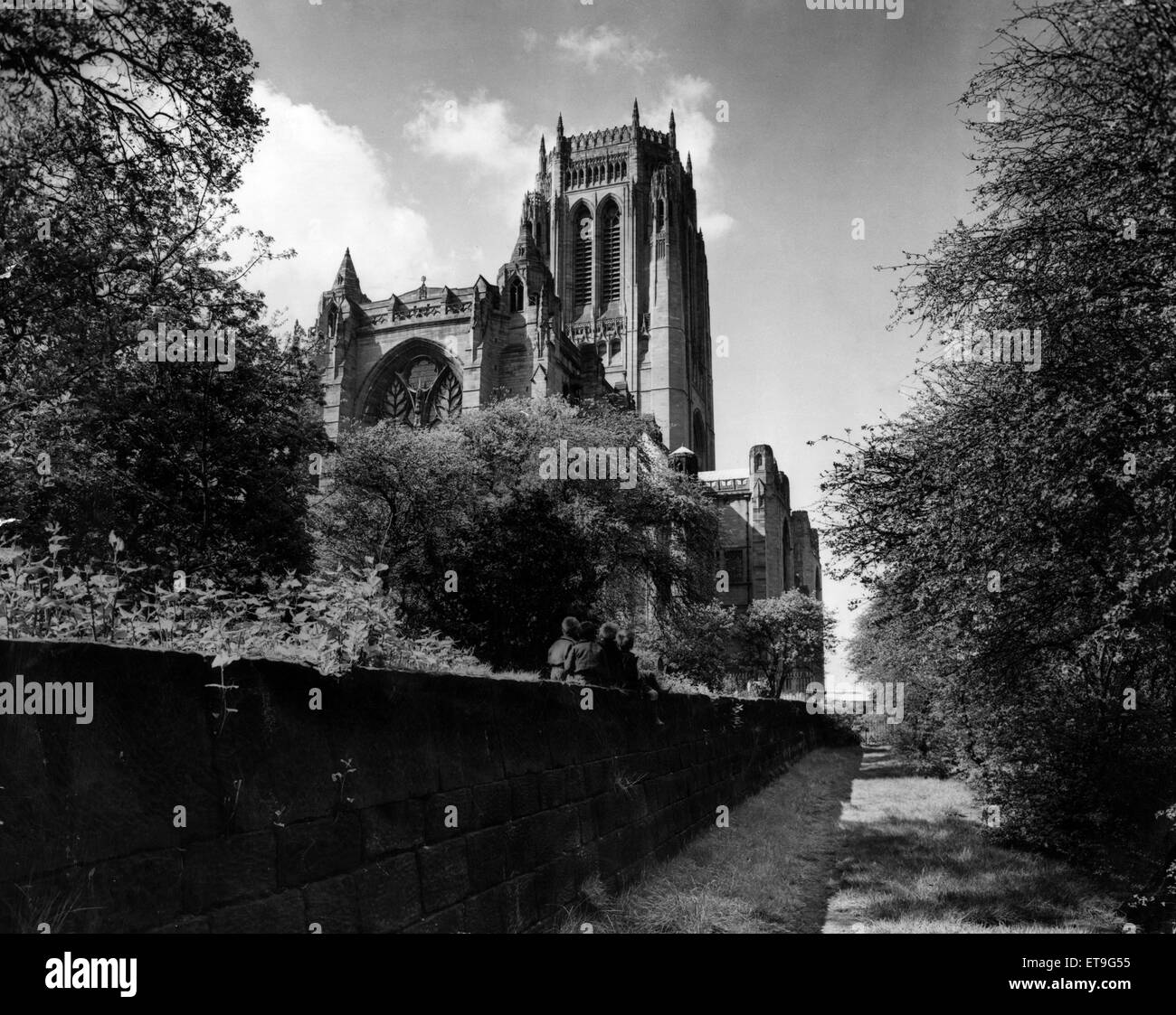 Liverpool Kathedrale, die Kirche England Kathedrale der Diözese von Liverpool, auf Str. Jamess Mount in Liverpool gebaut und ist der Sitz des Bischofs von Liverpool, 1978 fertiggestellt. Bild, 17. Mai 1955. Stockfoto