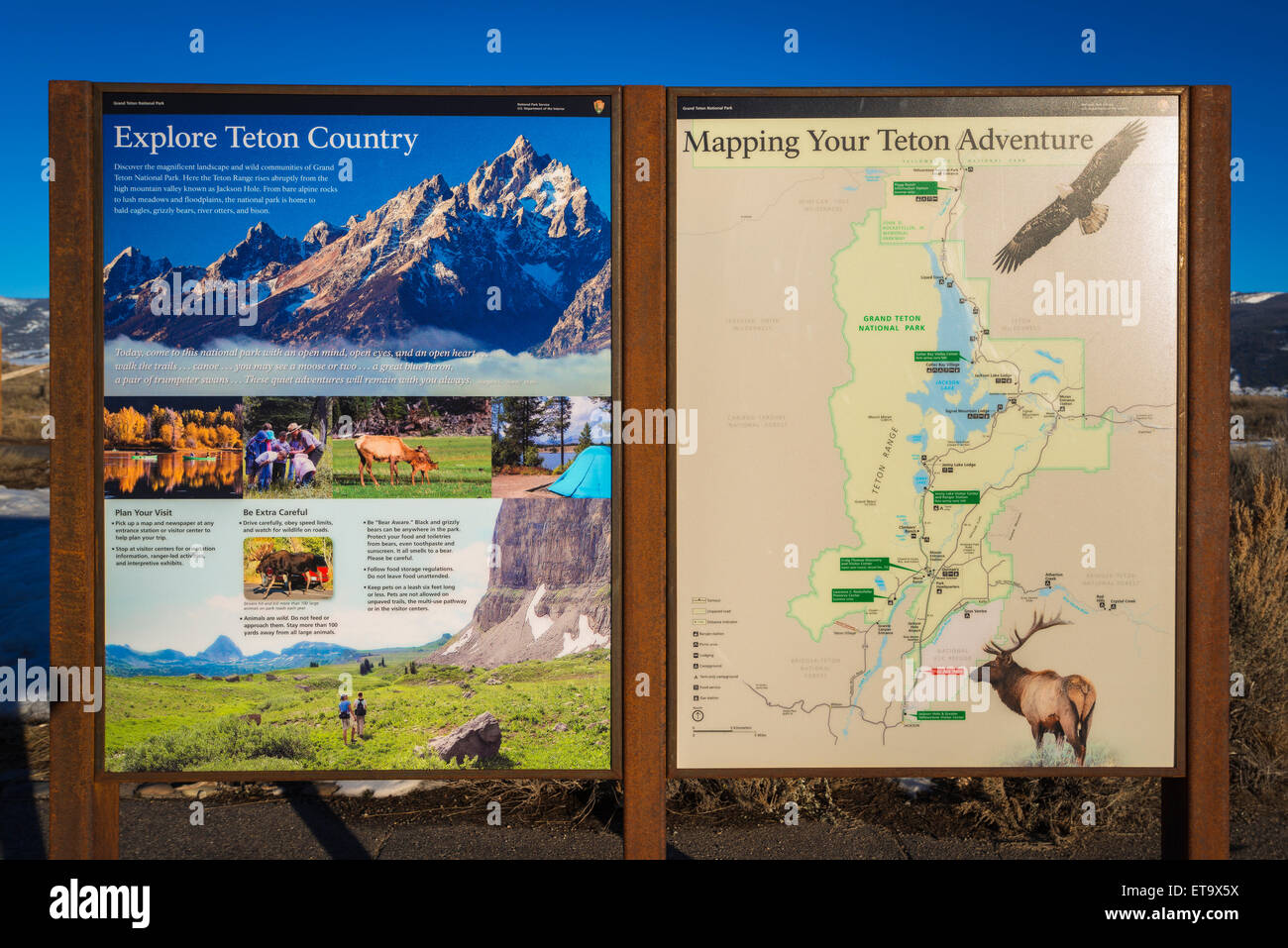 Interpretierende Zeichen, Grand-Teton-Nationalpark, Wyoming, USA Stockfoto