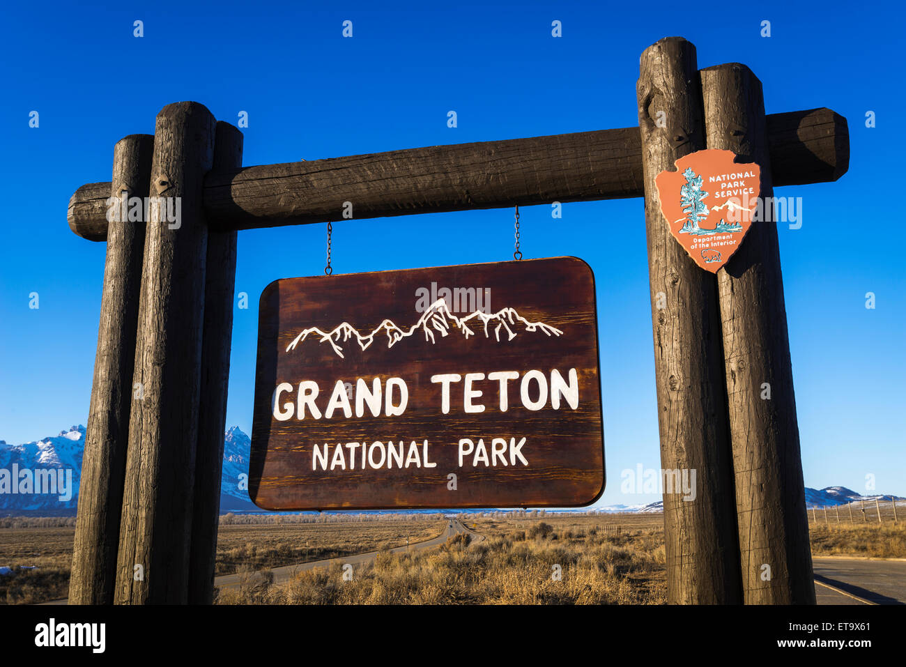 Ortseingangsschild, Grand-Teton-Nationalpark, Wyoming, USA Stockfoto