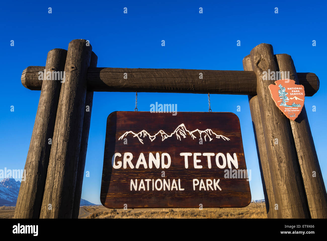 Ortseingangsschild, Grand-Teton-Nationalpark, Wyoming, USA Stockfoto