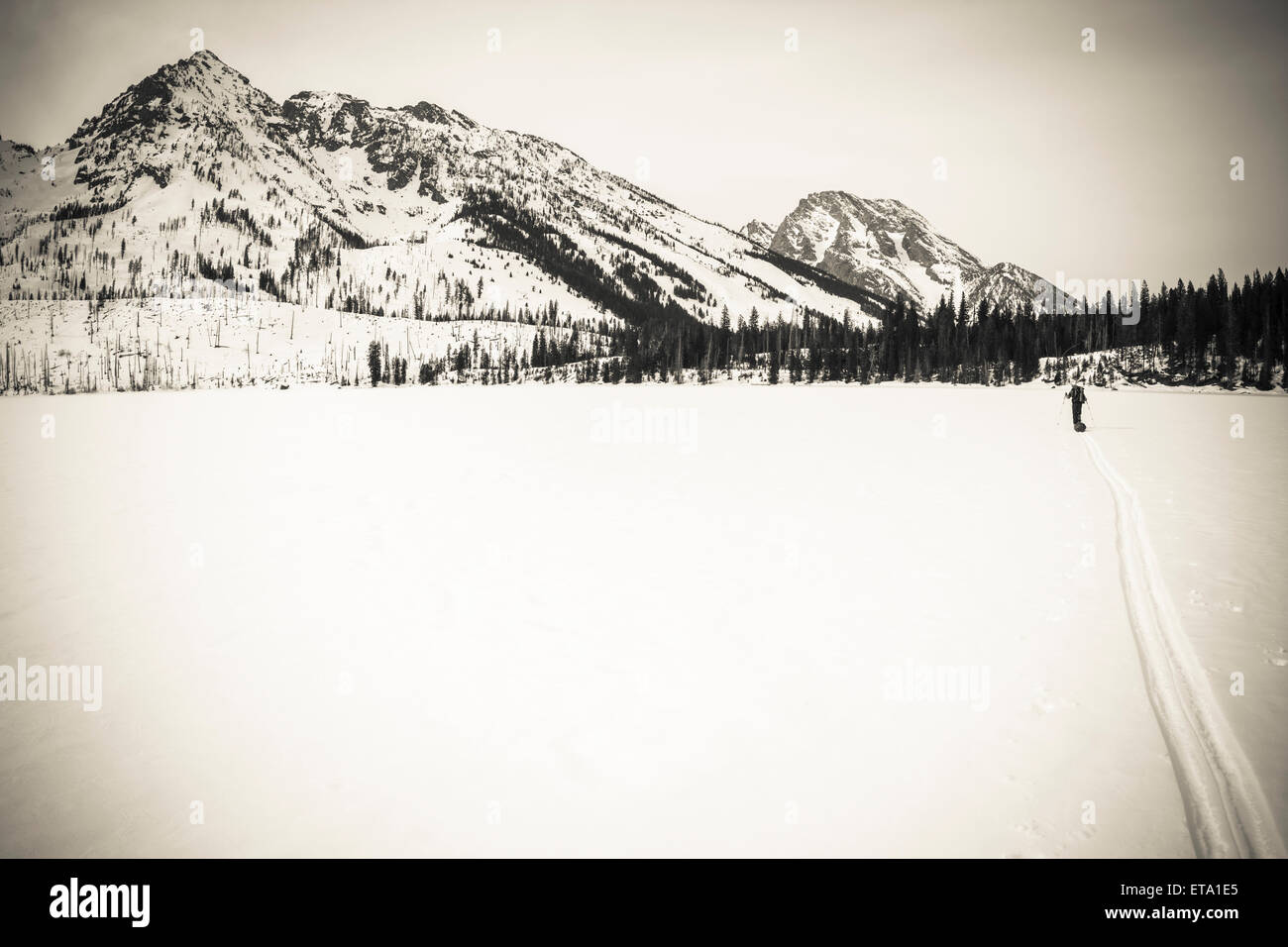 Backcountry Skifahrer Kreuzung gefrorenen Jenny Lake, Grand-Teton-Nationalpark, Wyoming, USA Stockfoto