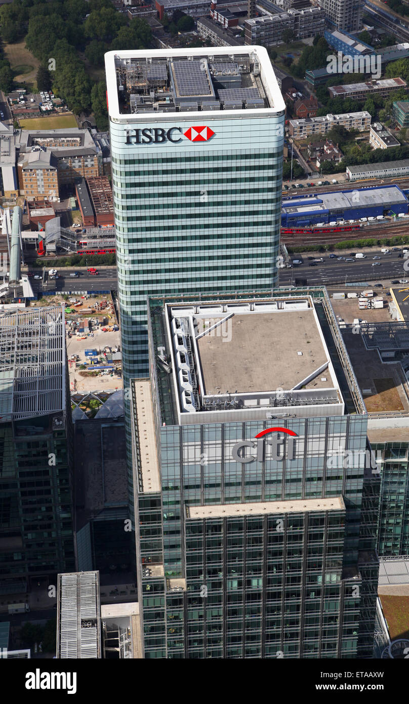 Luftaufnahme von HSBC HQ & Citibank-gruppe, Canary Wharf, London E 14. Stockfoto