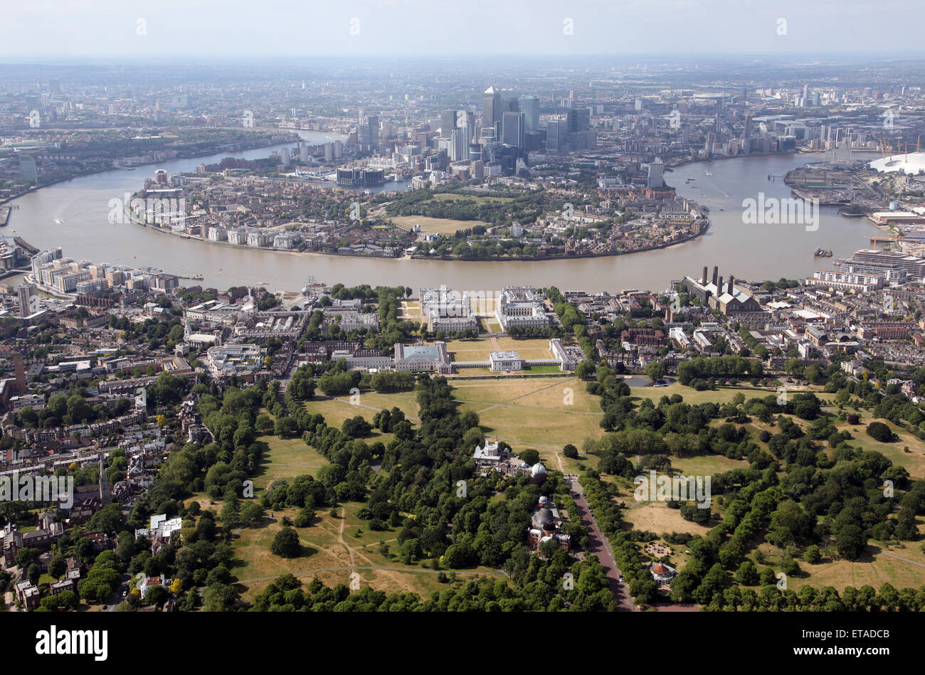 Luftbild von Greenwich und der Isle of Dogs in East London, UK Stockfoto