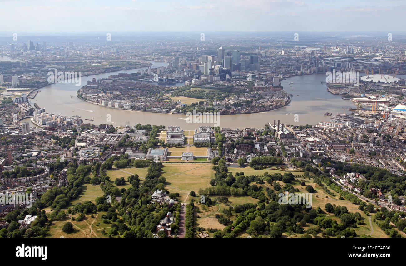 Luftbild von Greenwich und der Isle of Dogs in East London, UK Stockfoto