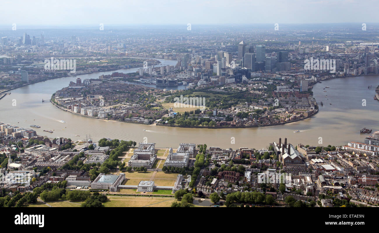 Luftbild von Greenwich und der Isle of Dogs in East London, UK Stockfoto