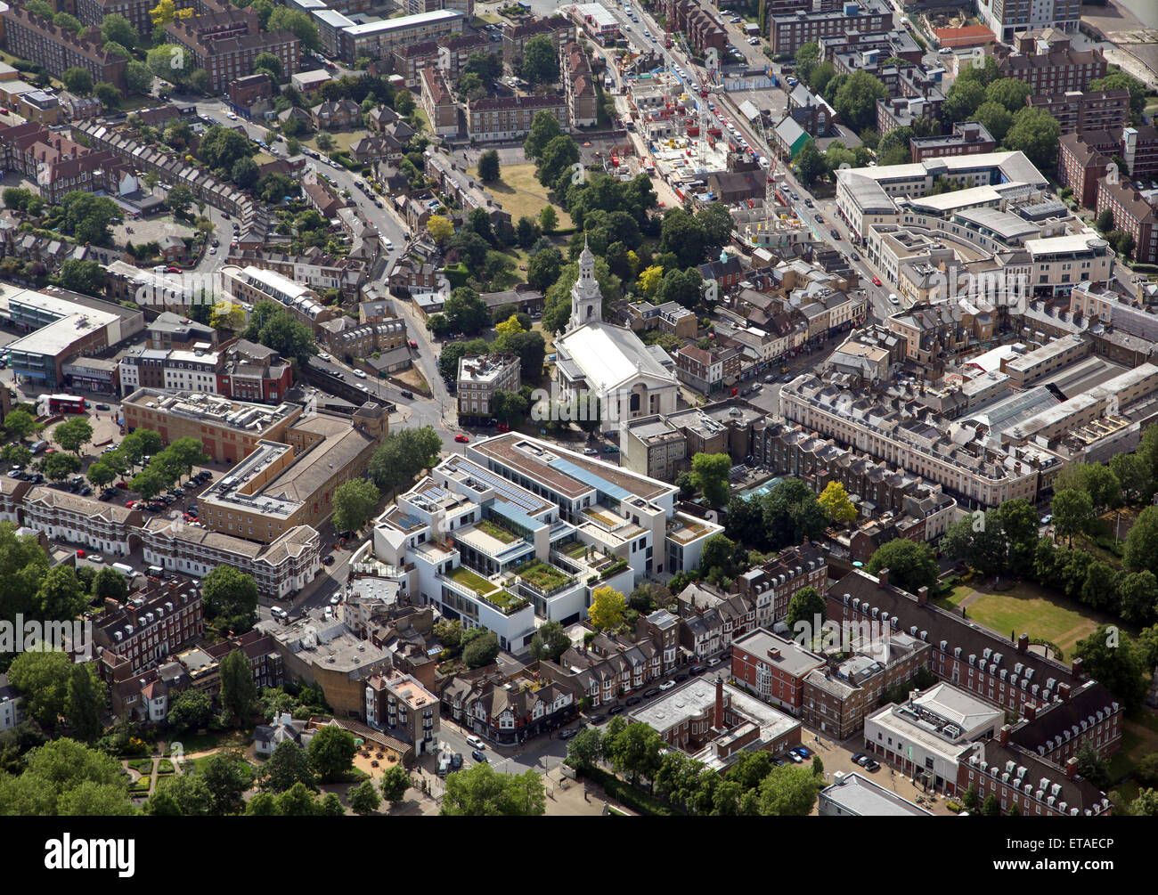 Luftaufnahme von einer neuen Universität Greenwich Gebäude in Greenwich, London SE10, UK Stockfoto