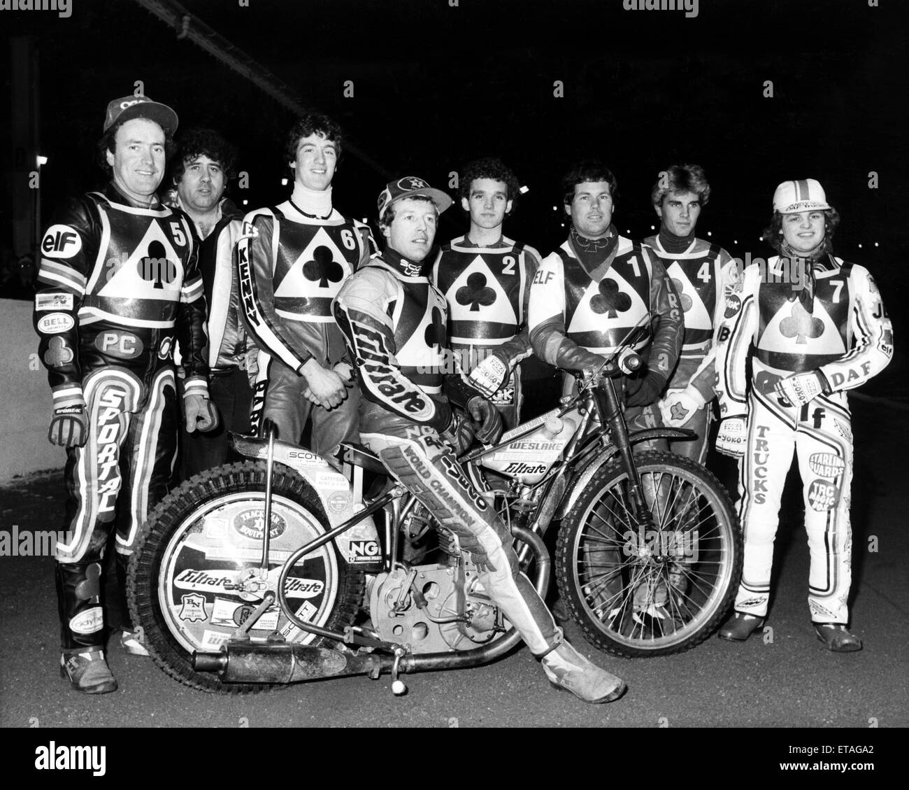 Das Belle Vue Asse Speedway Team für die neue Saison. Ca. 1984. Stockfoto