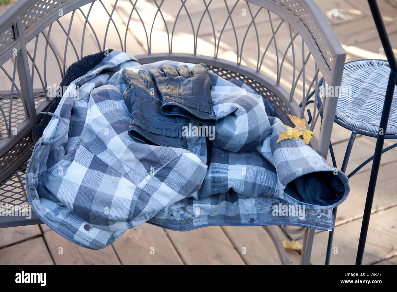 Karierte Jacke und Handschuhe auf dekorativen Schmiedeeisen geschwungene Bank mit Herbst Ahornblatt. St Paul Minnesota MN USA Stockfoto