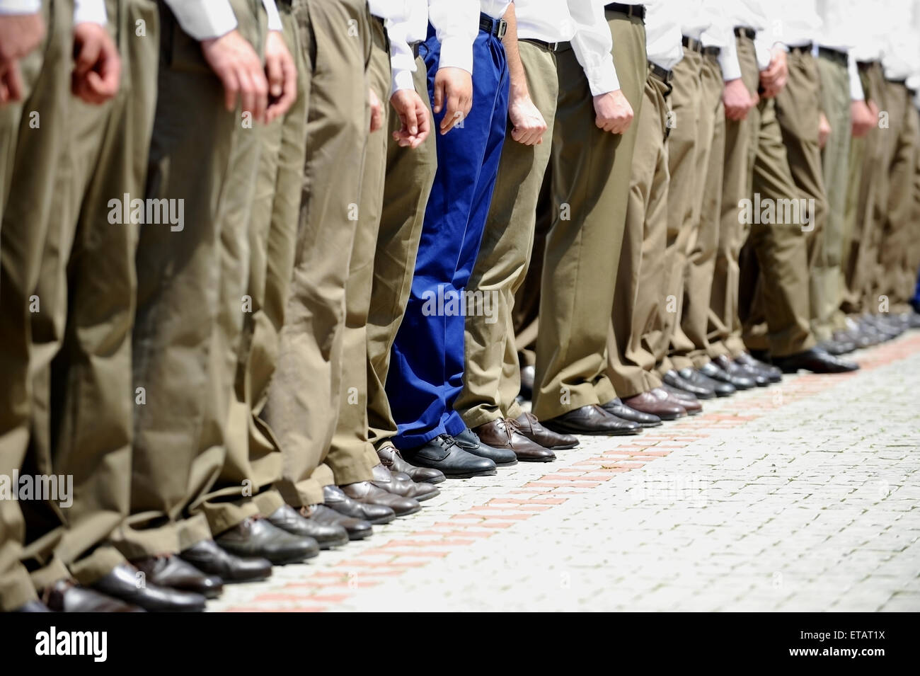 Blaue Militäruniform sticht aus eine Reihe von Soldaten während der Militärparade Stockfoto