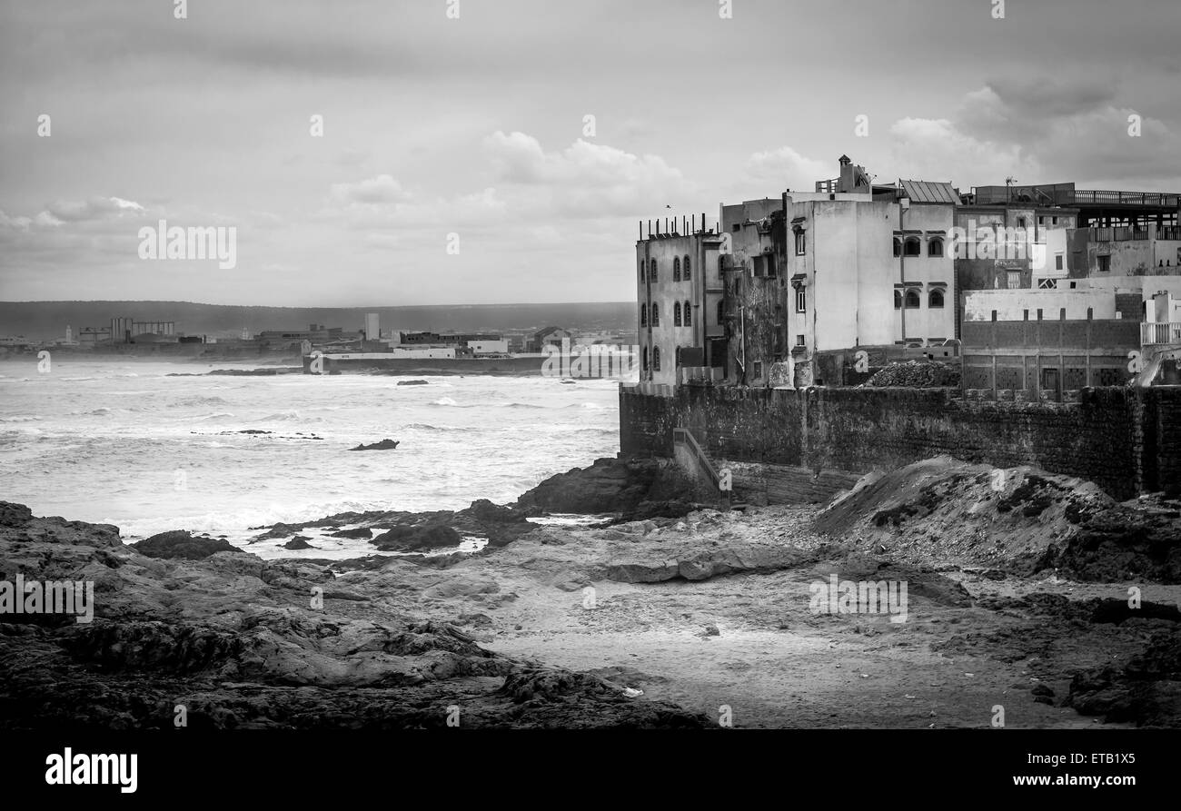 B&W Panorama der alten Hafen Essaouira in Marokko Stockfoto
