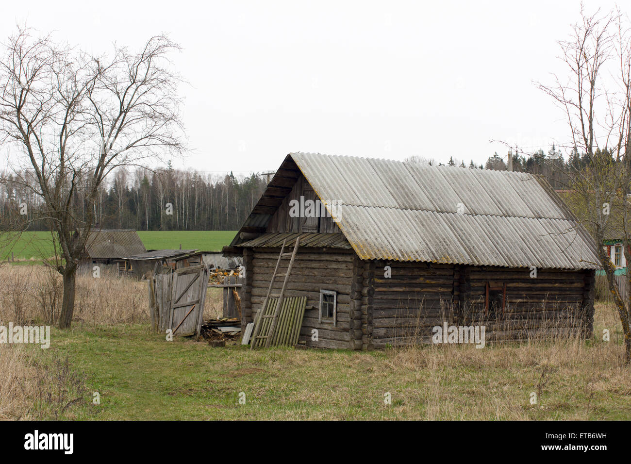 das alte geworfen Blockhaus, in dem niemand lebt Stockfoto