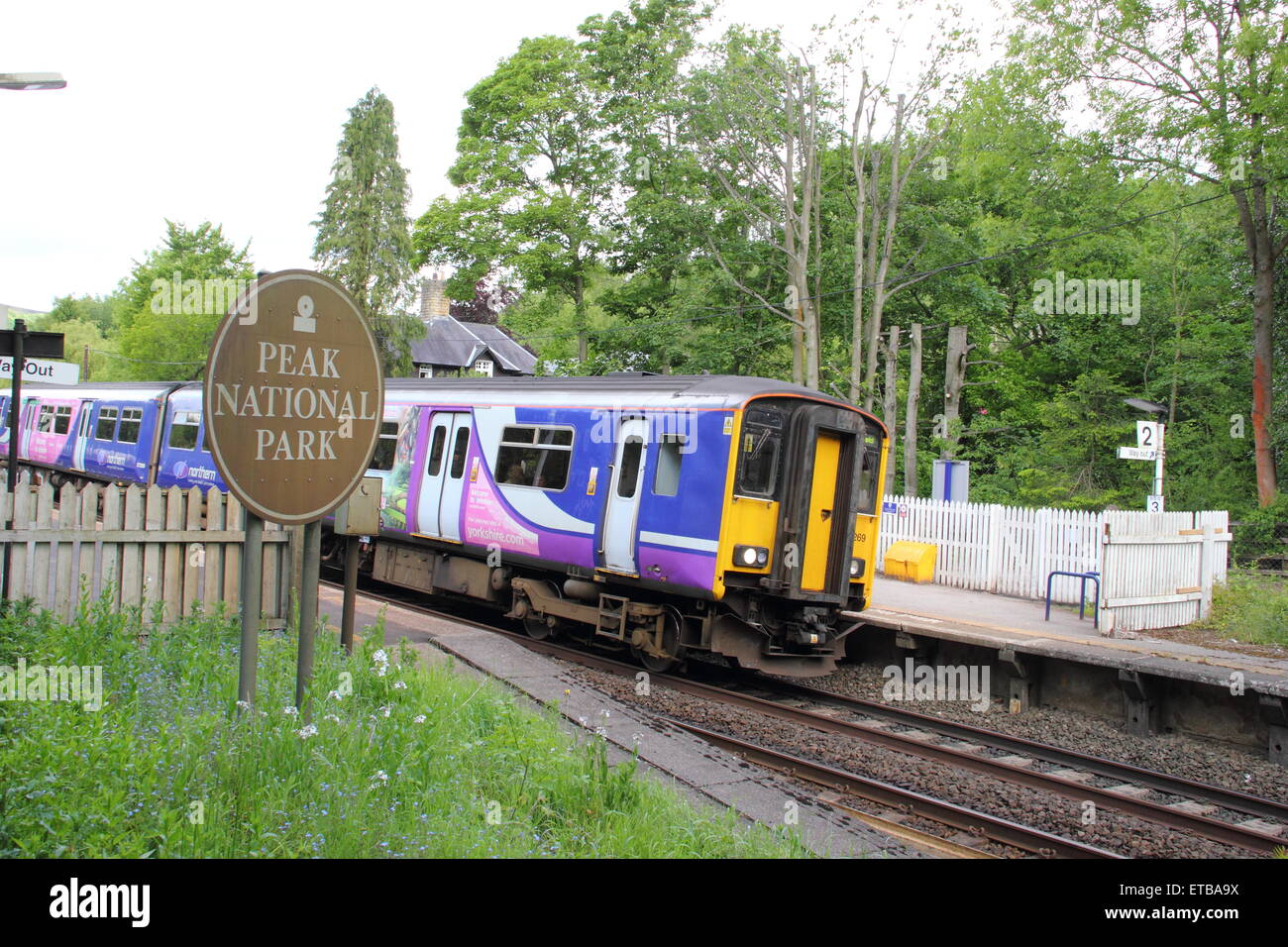 Northern Rail Zug kommt bei Grindleford Station im Peak District NP im Sheffield-Manchester Linie, Derbyshire UK Stockfoto