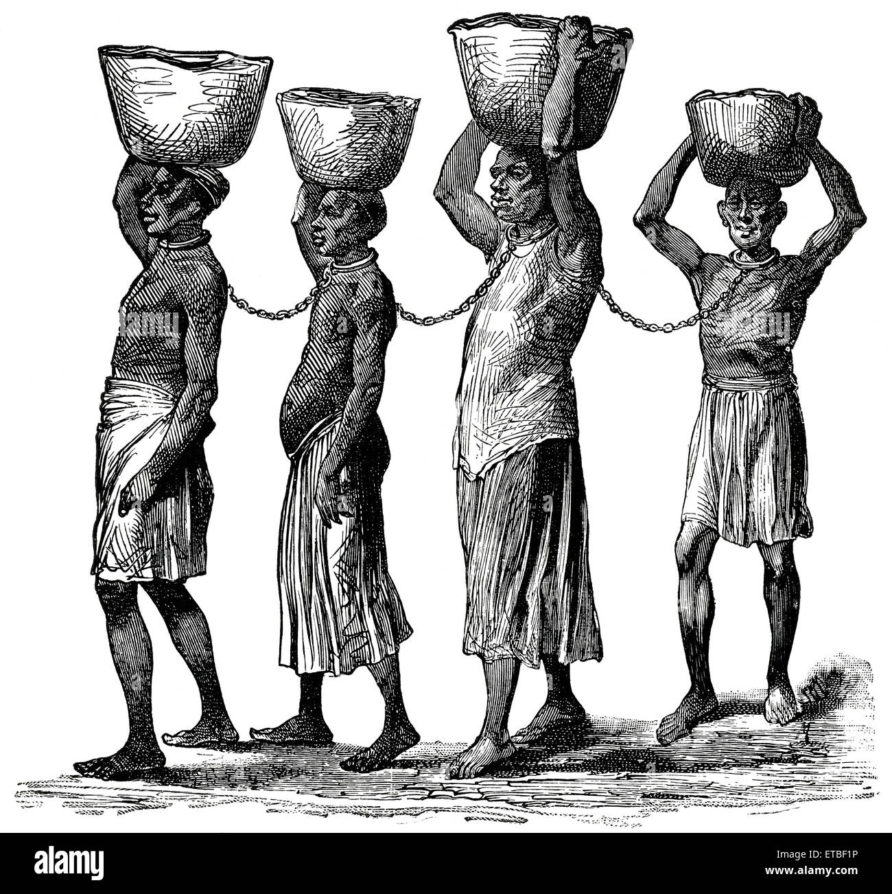 Chain Gang tragen waren, Ostafrika, "Klassische Portfolio der primitiven Carrier" von Marshall M. Kirman, Welt Eisenbahn Publ. Co., Illustration, 1895 Stockfoto