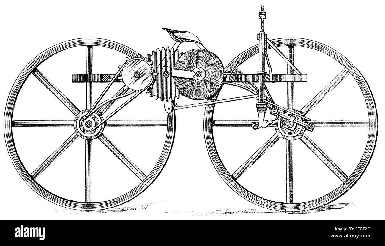 Frühling Motor am Fahrrad, erfunden von D.I. Lybe, Sidney, Iowa, USA, Illustration, ca. 1895 Stockfoto