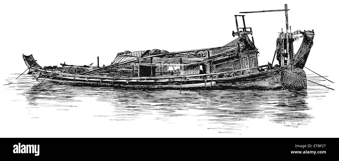 Fracht-Boot, Burma, "Klassische Portfolio der primitiven Carrier" von Marshall M. Kirman, Welt Eisenbahn Publ. Co., Illustration, 1895 Stockfoto