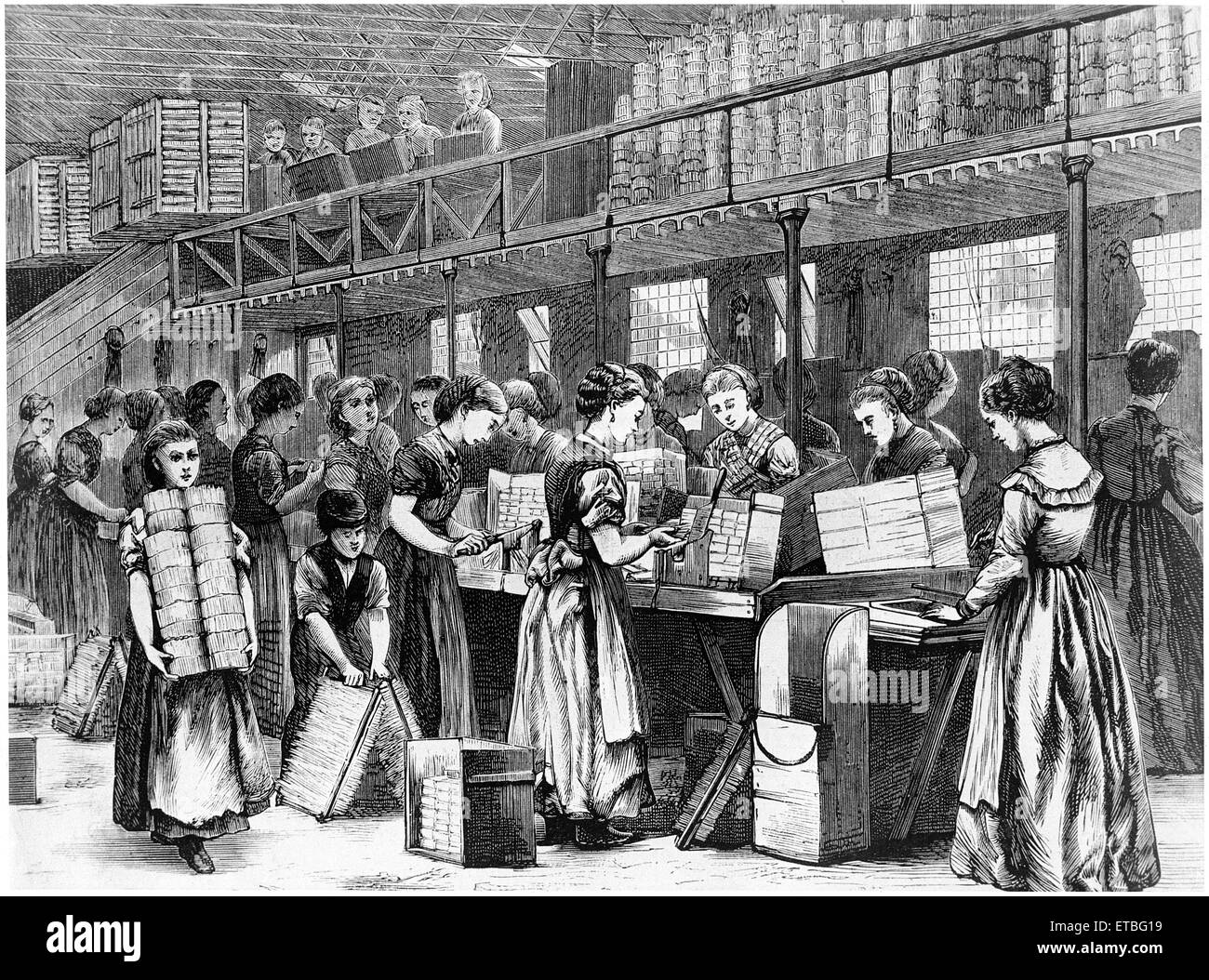 Arbeitnehmerinnen in Zigarettenfabrik, Illustration, um 1870 Stockfoto