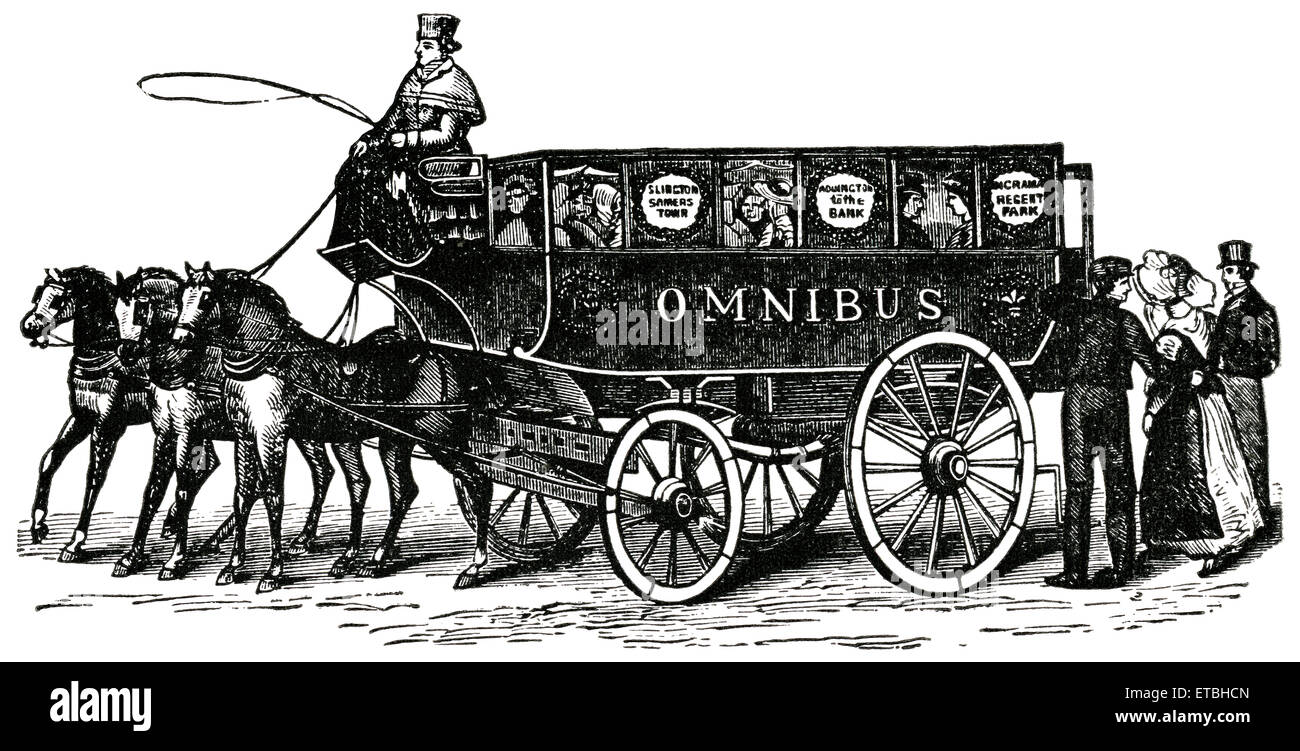 Erster Omnibus, 1829, Englisch "Klassische Portfolio der primitiven Carrier" von Marshall M. Kirman, Welt Eisenbahn Publ. Co., Illustration, 1895 Stockfoto