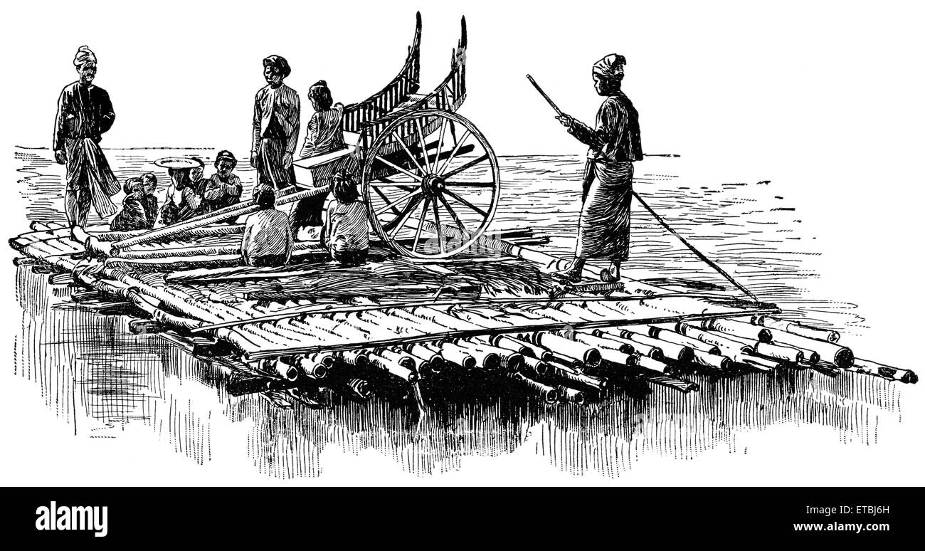 Bambus-Floß, Irrawaddy-Fluss, Rangun, Birma, "Klassische Portfolio der primitiven Carrier" von Marshall M. Kirman, Welt Eisenbahn Publ. Co., Illustration, 1895 Stockfoto