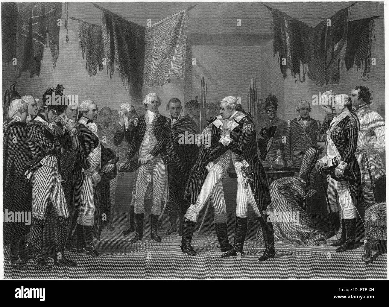 Washingtons Abschied von seiner Offiziere, Kupferstich 1783, aus einem Keuchen von Alonzo Chappell, 1866, von T. Phillibrown von Henry J. Johnson Verlag, NY ca. 1879 gedruckt Stockfoto