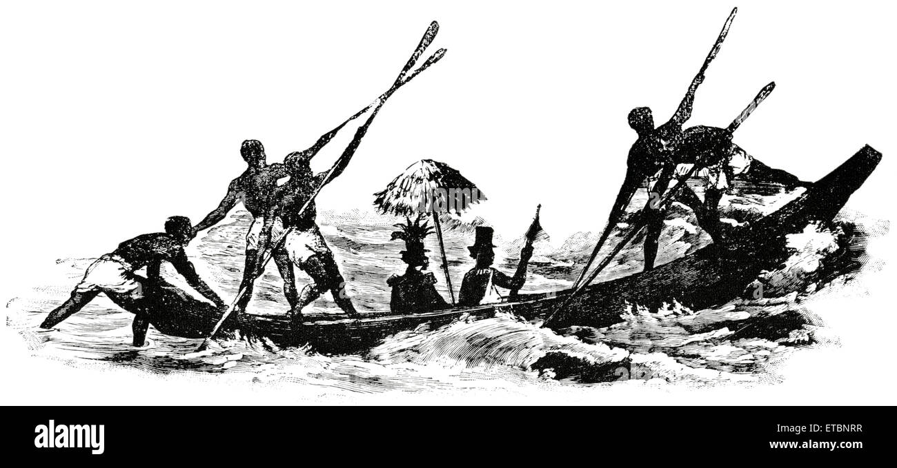 Königliche Kanu des Königs von Hai Punkt, Congo River, West-Afrika, "Klassische Portfolio der primitiven Carrier" von Marshall M. Kirman, Welt Eisenbahn Publ. Co., Illustration, 1895 Stockfoto