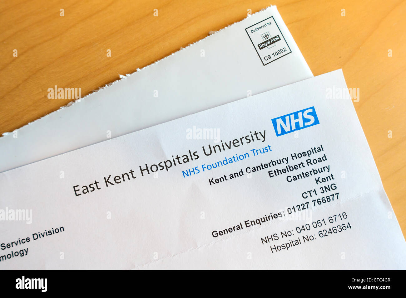NHS-Brief vom Krankenhaus East Kent Krankenhäuser Universität Kent und Canterbury Krankenhauses Stockfoto
