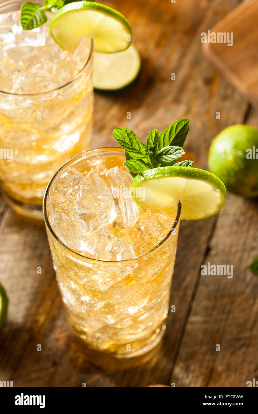 Erfrischende Golden Ginger Beer mit Limette und Minze Stockfoto