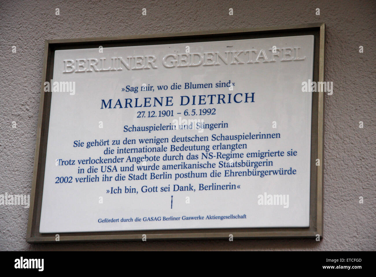 Gedenktafel - Feierliche Enthuellung Einer Gedenktafel Fuer Marlene Dietrich ein Deren erst, 17. Juli 2008, Berlin-Schoene Stockfoto