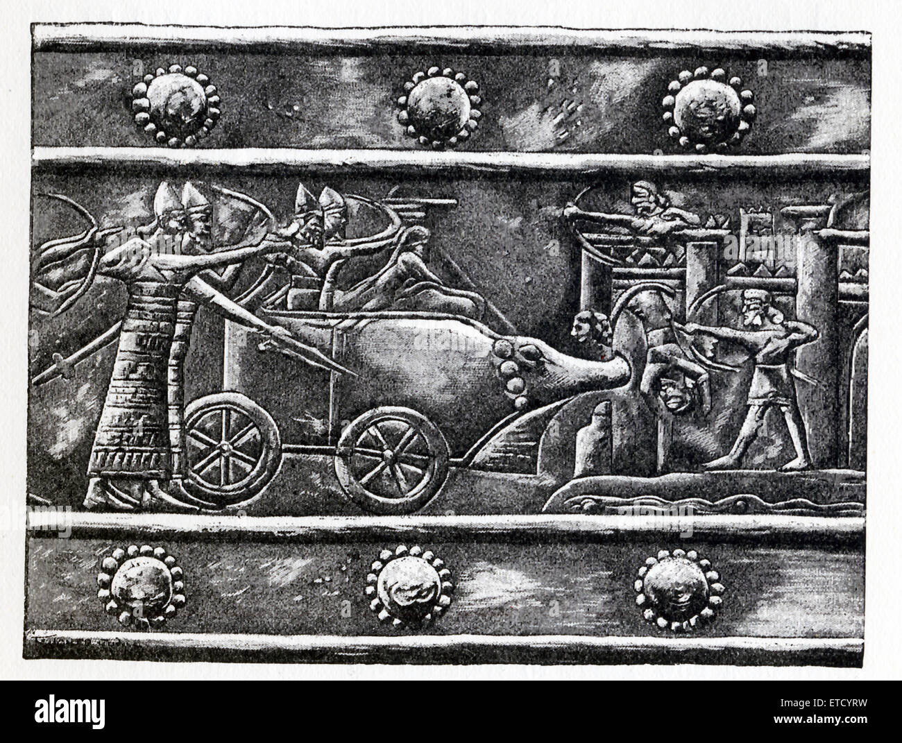 Die beweglichen assyrischen Sau (ein bewegliches gepanzerten Schutz wie ein Rammbock) machen eine Verletzung in der Wand einer Festung. Sauen oft Bogenschützen, hatte, wie hier die Zeichnung von Faucher-Gudin, eines der Bronze Reliefs des Tores von Balawat, und französische Ägyptologe Gaston Maspero Text begleitet. Dieses Bronzerelief gestaltet das Tor am Palast des assyrischen Herrschers Shalmanesar III (c. 859 – 824 v. Chr.) an Balawat im heutigen nördlichen Irak. Stockfoto