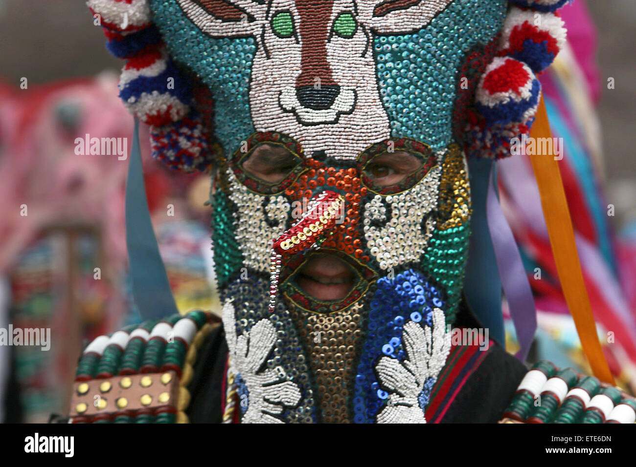 Bulgarische Kukeri Tänzer tragen Masken während der 24. "Surva" internationale Festival der Maskerade Spiele in der Stadt von Pernik, westlich von der Hauptstadt Sofia. 5.000 Menschen nehmen Teil an dem dreitägigen Festival widmet sich ein alter bulgarischer heidnischer Ritus. Surva erfolgt durch kostümierte Männer, geschmückt im Fell der Tiere, bunte Kleider, Glocken und Furcht erregenden Masken, spazieren, tanzen, um die bösen Geister, wodurch eine gute Ernte, Gesundheit, Fruchtbarkeit und Glück im Laufe des Jahres zu verscheuchen.  Mitwirkende: Atmosphäre wo: Pernik, Bulgarien bei: Kredit-31. Januar 2015: Auswirkungen der Presse Group/WENN.com Stockfoto